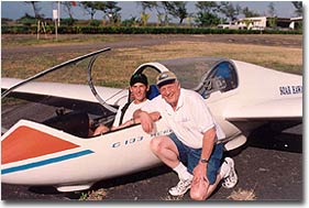 Instructing his son, Paul, in a Grob 103 sailplane in Hawaii (1999).